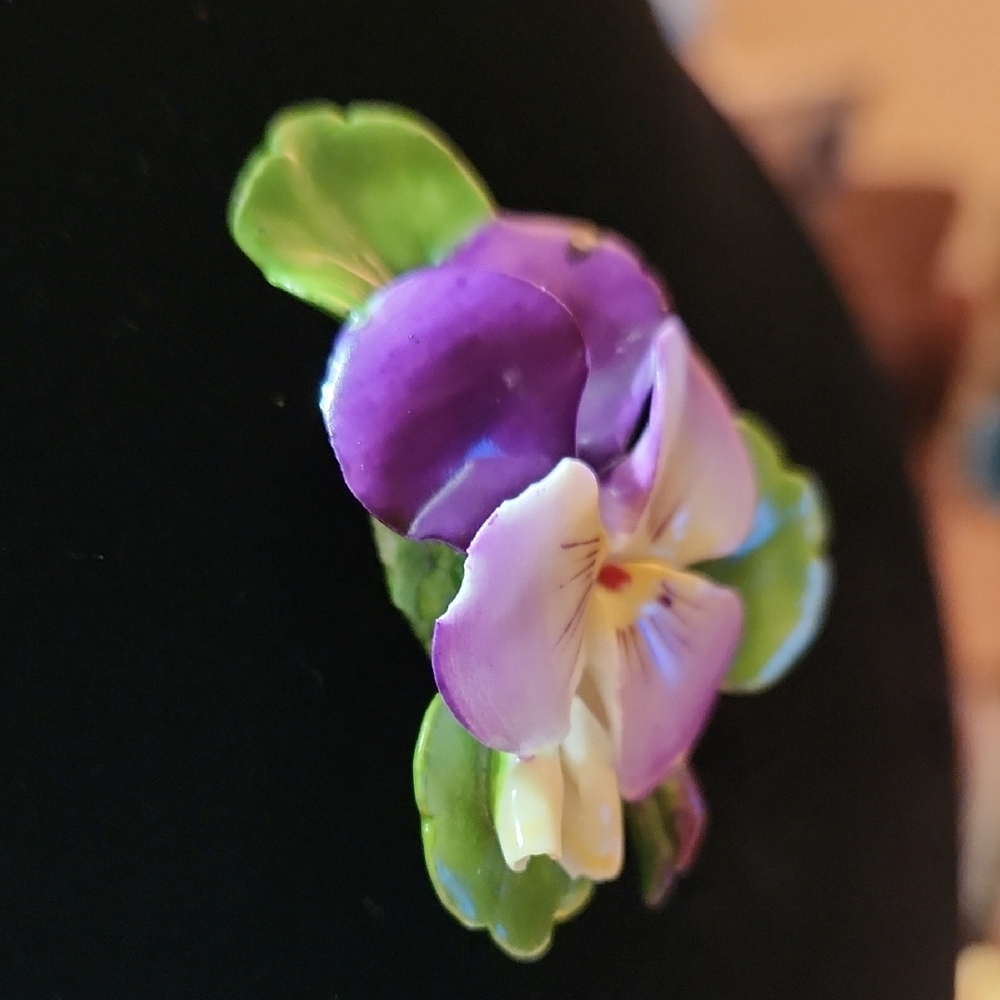 Violet and Leafy Green Floral Brooch Staffordshire England